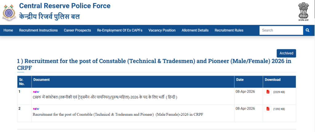 CRPF Tradesman Recruitment 2026 Apply Online
