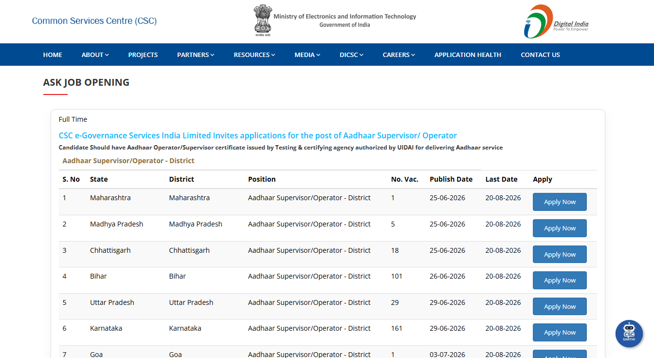 Aadhaar Supervisor Operator Recruitment 2026
