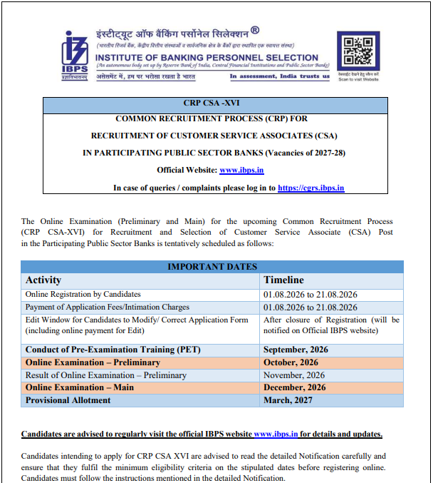 IBPS CRP CSA XVI Clerk Vacancy 2026
